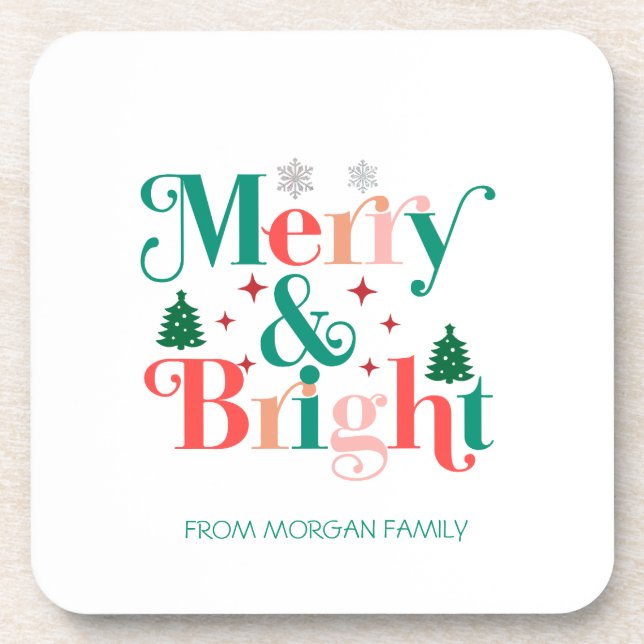 Merry And Bright Pine Tree Snowflakes Coaster (Front)