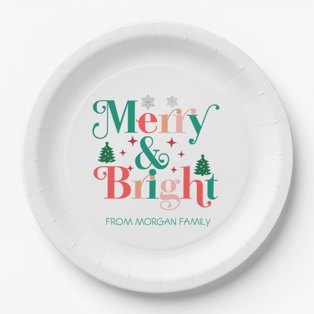 Merry And Bright Pine Tree Snowflakes Paper Plate (Front)