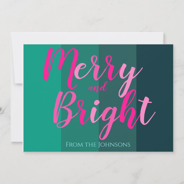 Merry and Bright Pink and Green Christmas Holiday Card (Front)