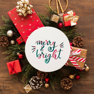 Merry and bright - pink and green classic round sticker