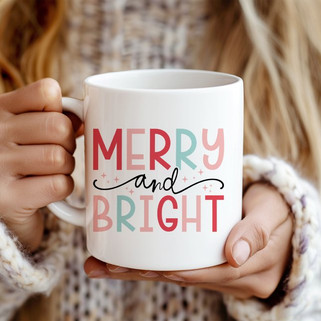 "Merry and Bright" Pink and Mint Modern Christmas Coffee Mug ("Merry and Bright" Pink and Mint Modern Christmas Coffee Mug in a girl's hands.)