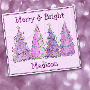 Merry And Bright Pink And Purple Christmas Trees Fleece Blanket