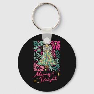 Merry And Bright Pink Boho Floral Christmas For Wo Key Ring