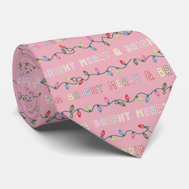 Merry and Bright Pink Christmas Lights  Tie (Rolled)