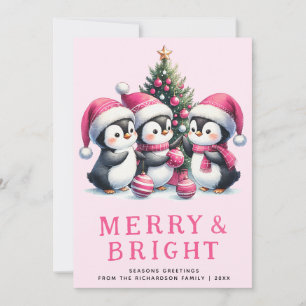 Merry and Bright Pink Christmas Penguin Holiday Card