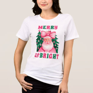 Merry and Bright Pink Christmas Santa Claus Tri-Blend Shirt