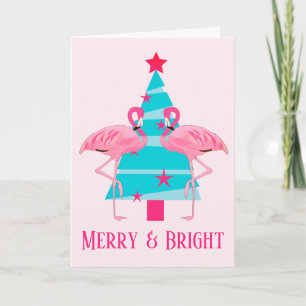 Merry and Bright Pink Flamingo Beach Christmas Holiday Card