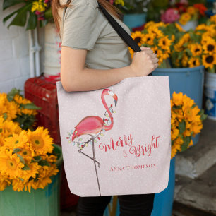Merry and Bright Pink Flamingo Christmas Custom Tote Bag