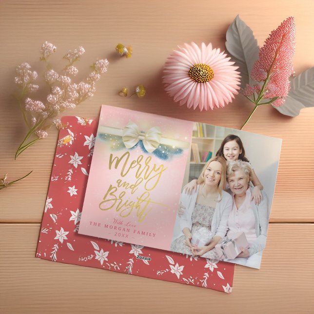 Merry and Bright Pink Gold Ribbon Greeting Photo Holiday Card (Creator Uploaded)