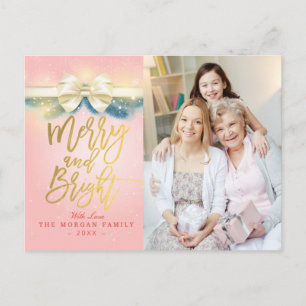 Merry and Bright Pink Gold Ribbon Greeting Photo Holiday Postcard