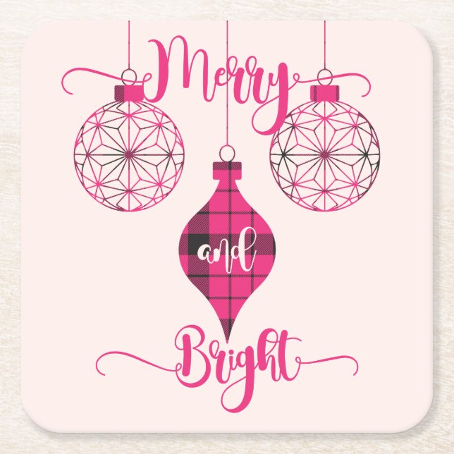 Merry and Bright Pink Plaid Ornament Square Paper Coaster (Front)