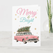 Merry and Bright Pink Retro Car Vintage Christmas