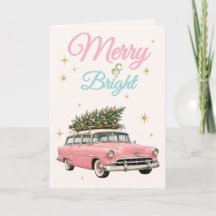 Merry and Bright Pink Retro Car Vintage Christmas