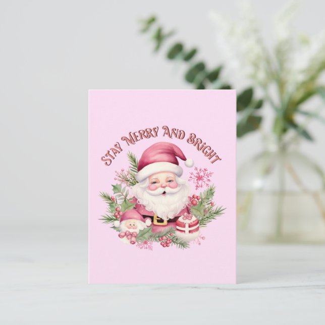 Merry and Bright - Pink Santa Postcard (Standing Front)