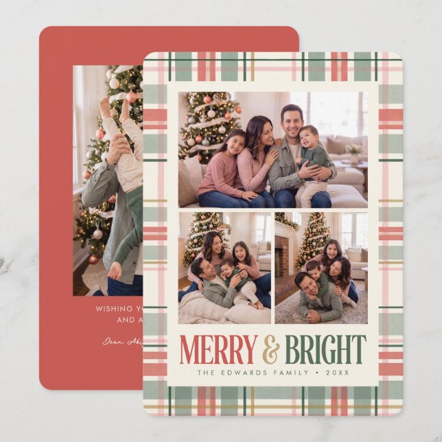Merry and Bright Plaid Three Photo Card (Front/Back)