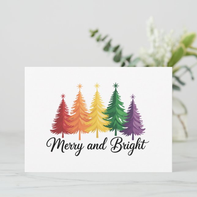 Merry And Bright Rainbow Christmas Tree Gay LGBTQ  Invitation (Standing Front)
