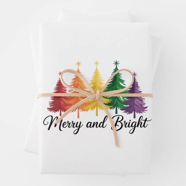 Merry And Bright Rainbow Christmas Tree Gay LGBTQ  Wrapping Paper Sheet (In situ)