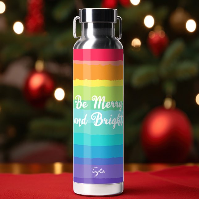 Merry and Bright Rainbow Custom Pride Christmas Water Bottle (Creator Uploaded)