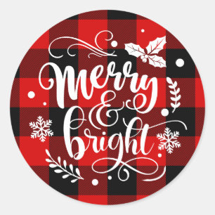 Merry and Bright Red and Black Buffalo Plaid Classic Round Sticker