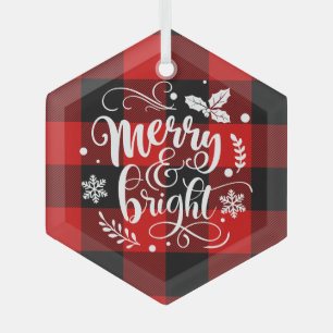 Merry and Bright Red and Black Buffalo Plaid Glass Tree Decoration