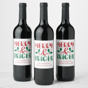 Merry and Bright Red and Green Holly Christmas Wine Label