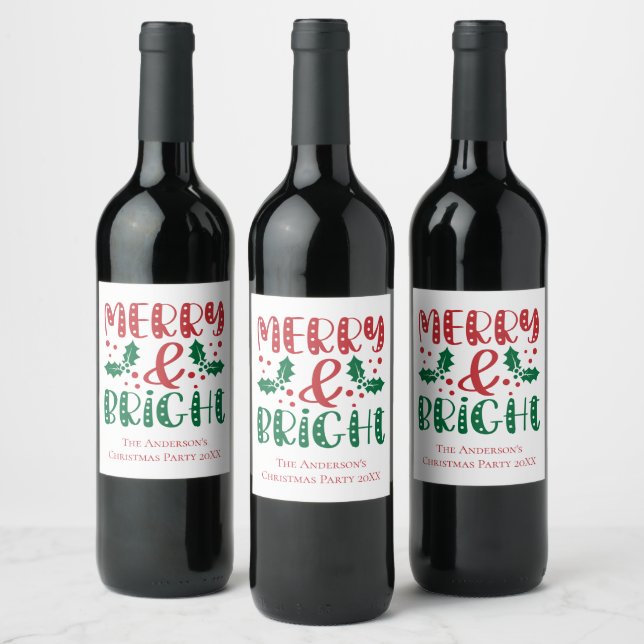 Merry and Bright Red and Green Holly Christmas Wine Label (Bottles)