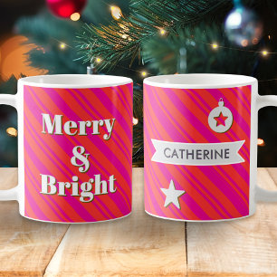Merry and Bright Red and Pink Candy Stripe Custom Coffee Mug