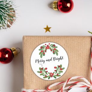 Merry and Bright Red Berries Green Holiday Classic Round Sticker