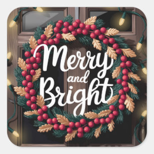 Merry and Bright Red Berry Wreath Christmas  Square Sticker