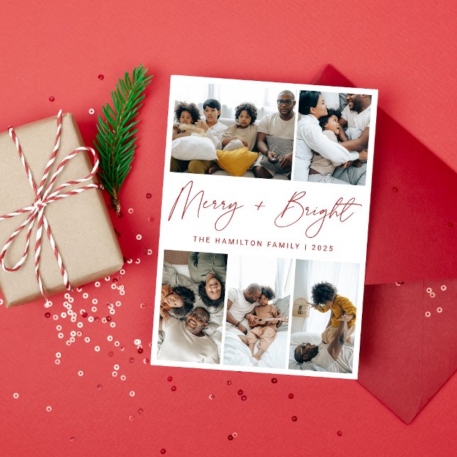 Merry and Bright Red Calligraphy Christmas Photo Holiday Card (Creator Uploaded)