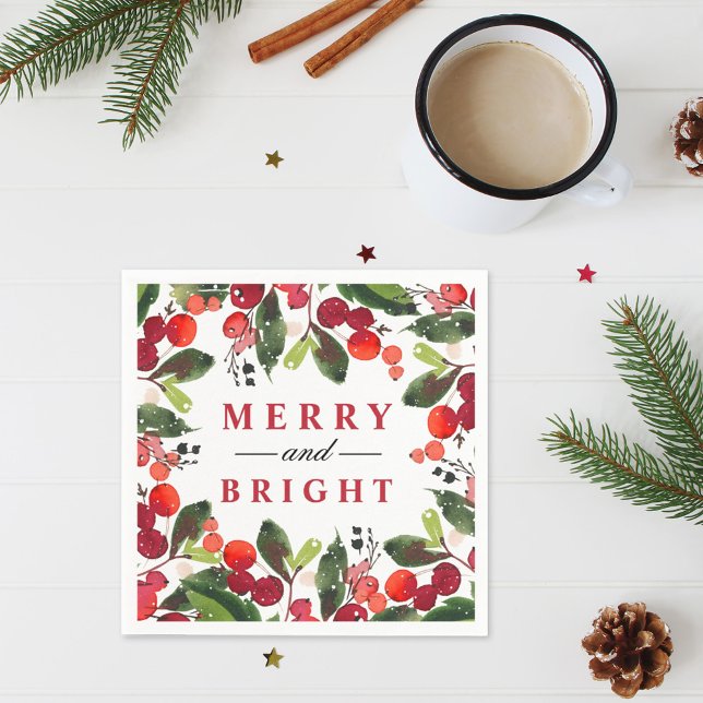 Merry and Bright Red Christmas Greenery Wreath Napkin (Creator Uploaded)