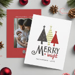 Merry and Bright Red Christmas Holiday Card<br><div class="desc">Elegant,  unique,  simple,  black white and red Merry and Bright modern retro Christmas greeting card,  with colourful pine trees and photo at the back.</div>