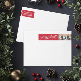 Merry and Bright Red Custom Photo Holiday Wrap Around Label