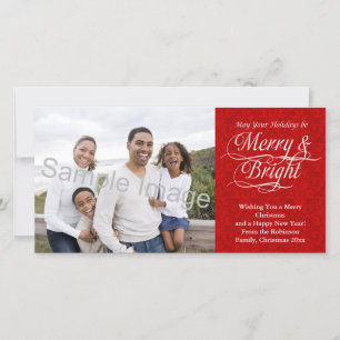 Merry and Bright, Red Damask Holiday Card