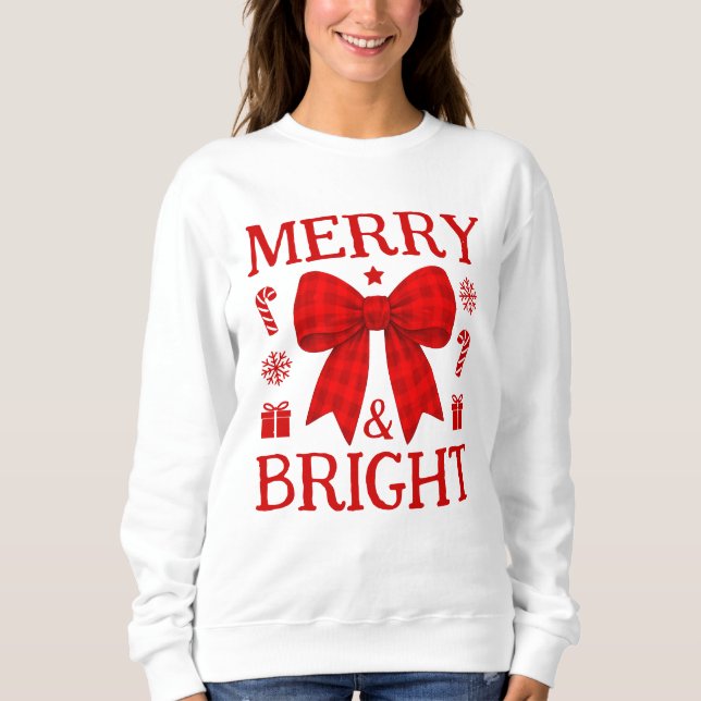 Merry and Bright Red Gingham Bow Christmas Sweatshirt (Front)