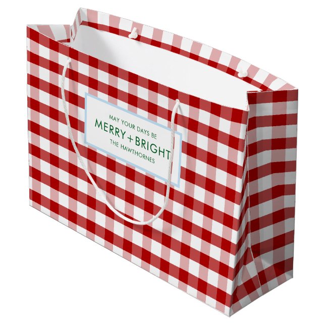 Merry and Bright Red Gingham Plaid Holiday Large Gift Bag (Back Angled)