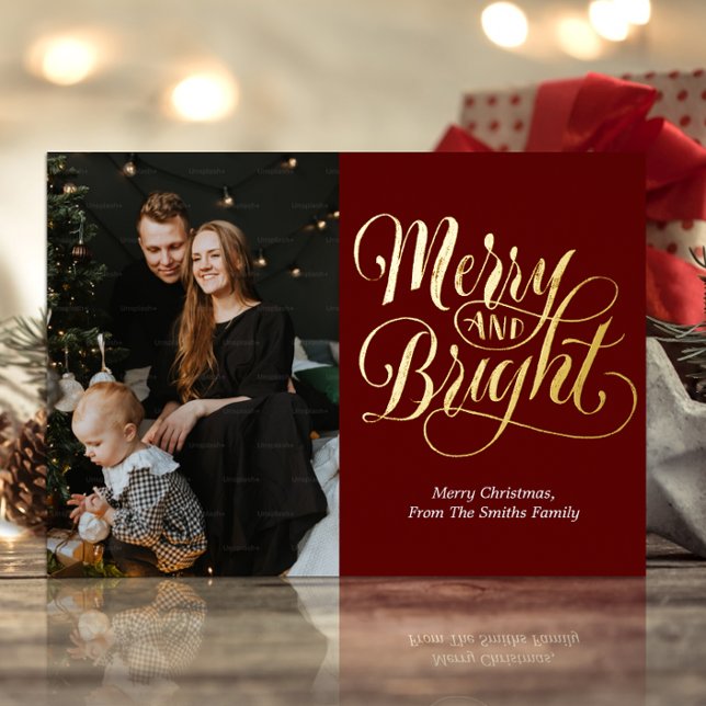 Merry and Bright Red Gold Calligraphy Photo (Creator Uploaded)