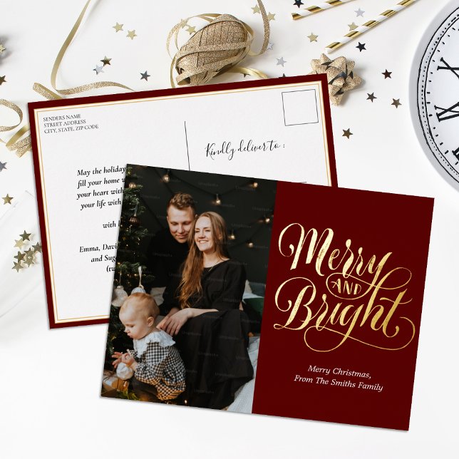 Merry and Bright Red Gold Calligraphy Photo Foil Holiday Postcard (Creator Uploaded)