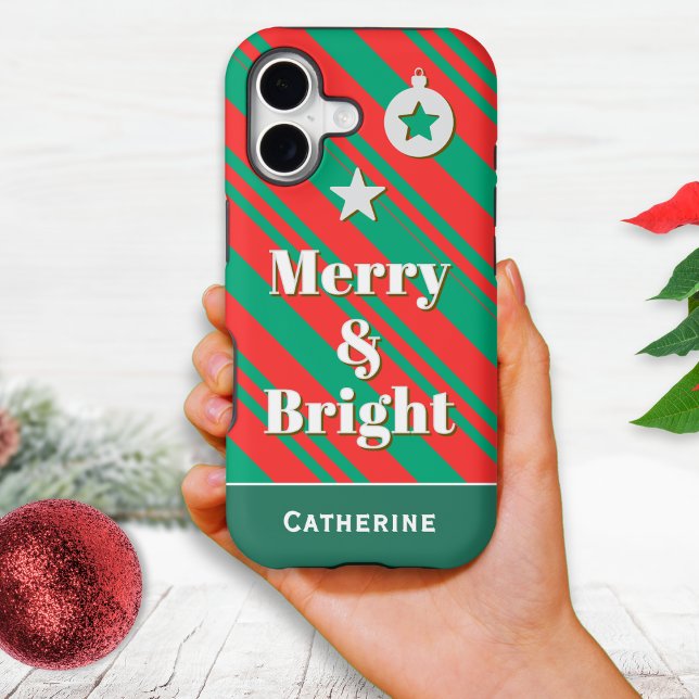 Merry and Bright Red Green Candy Stripe Custom (A personalized phone case with red and green candy stripes and 'Merry and Bright' caption)