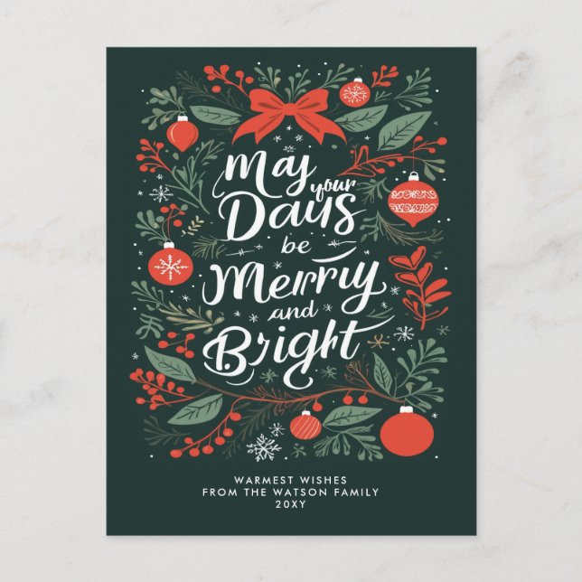 Merry and Bright Red Green Christmas  Holiday Postcard (Front)