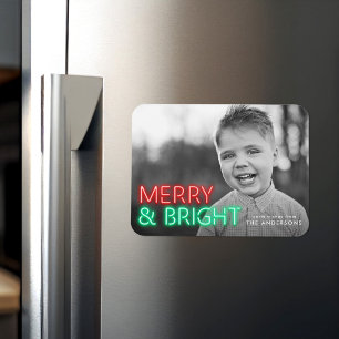 Merry and Bright Red & Green Neon Holiday Photo Magnet