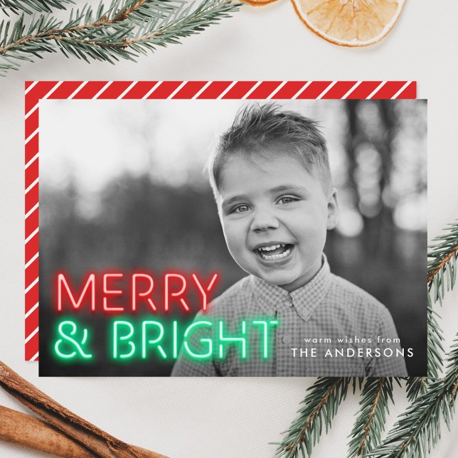 Merry and Bright Red & Green Neon Photo Holiday Card (Creator Uploaded)