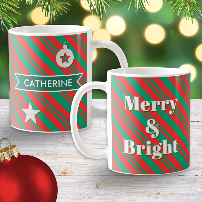 Merry and Bright Red Green Stripes Personalised Coffee Mug (A personalized mug with red and green candy stripes pattern, with 'Merry & Bright' caption)