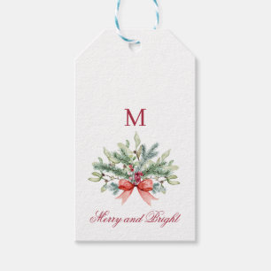 Merry and Bright Red Monogram Holiday Greenery Gift Tags