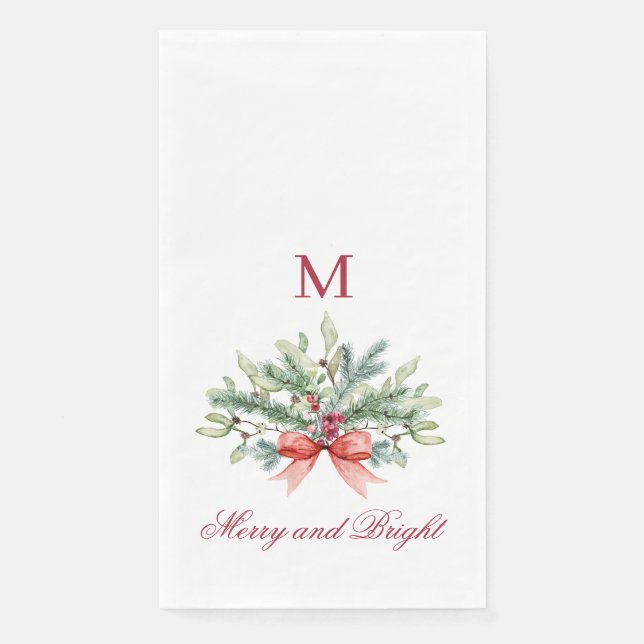 Merry and Bright Red Monogram Holiday Greenery Napkin (Front)