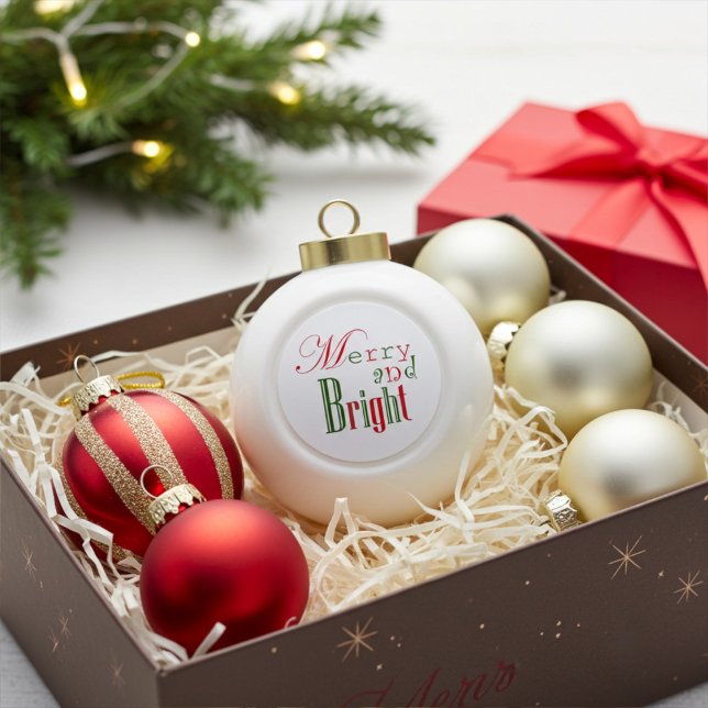 Merry and Bright, Red 'n Green Ceramic Ball Christmas Ornament (Creator Uploaded)