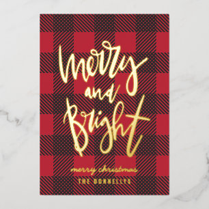 merry and bright red plaid foil script christmas