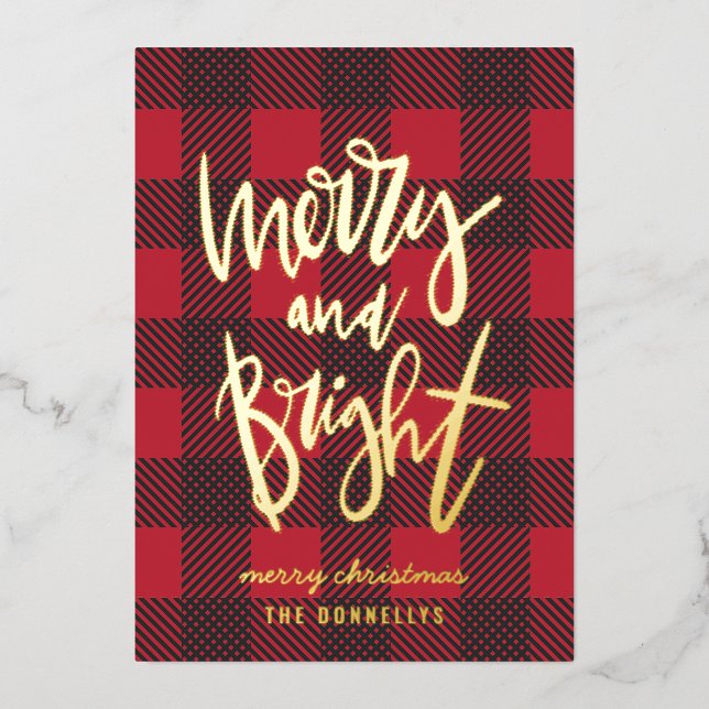 merry and bright red plaid foil script christmas  (Front)
