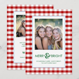 Merry and Bright Red Plaid Funny Holiday Card