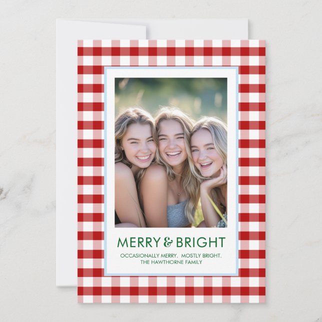 Merry and Bright Red Plaid Funny Holiday Card (Front)